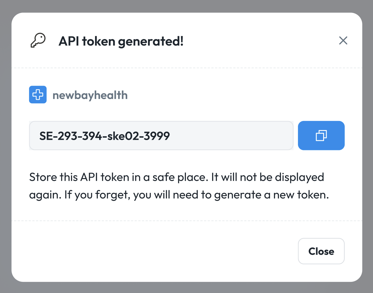 New API token dialog with a Copy button