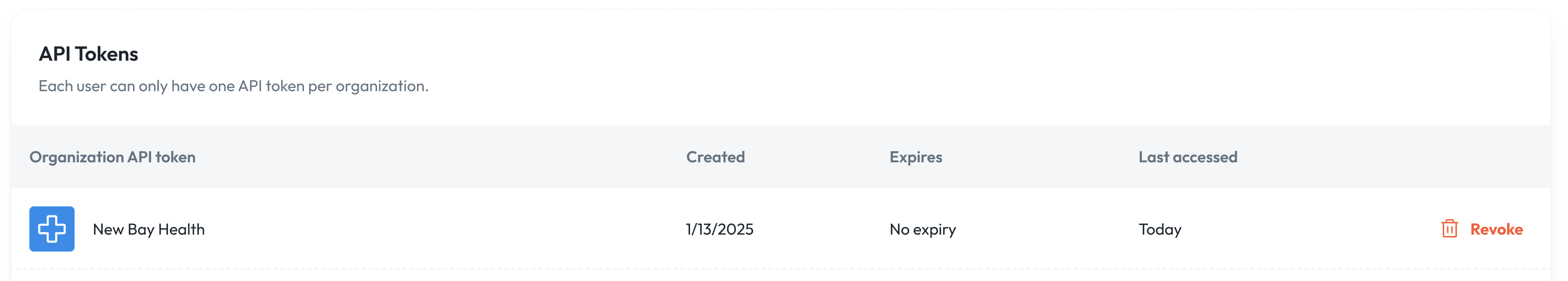 API token row showing its creation date, expiration date, and Revoke button