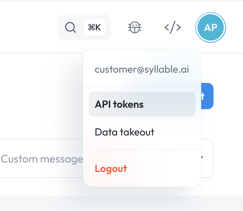 Profile menu in the Syllable Console with API tokens selected
