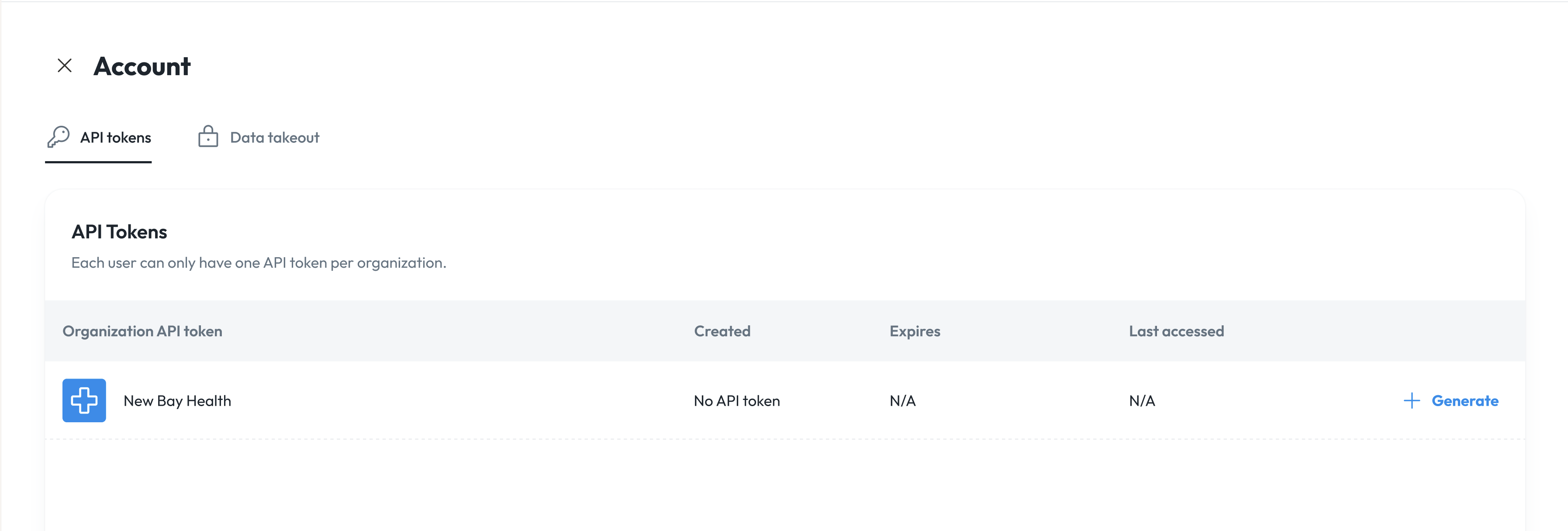 API Tokens page showing organizations and Generate buttons