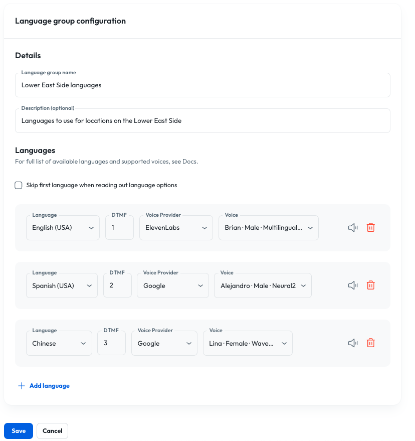 Language group configuration in the Syllable Console